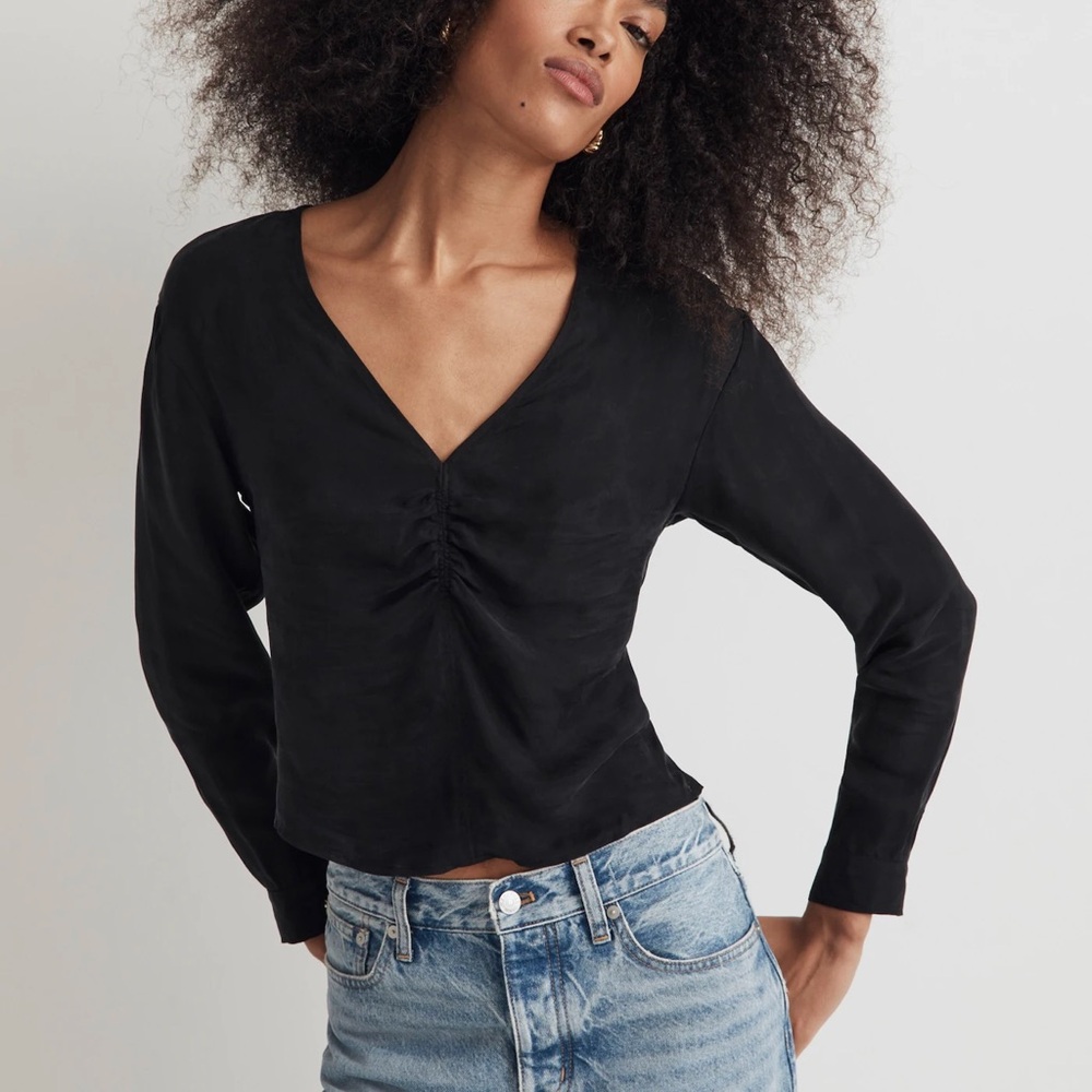 Madewell Brushed Ruched-Front Long Sleeve Top in True Black